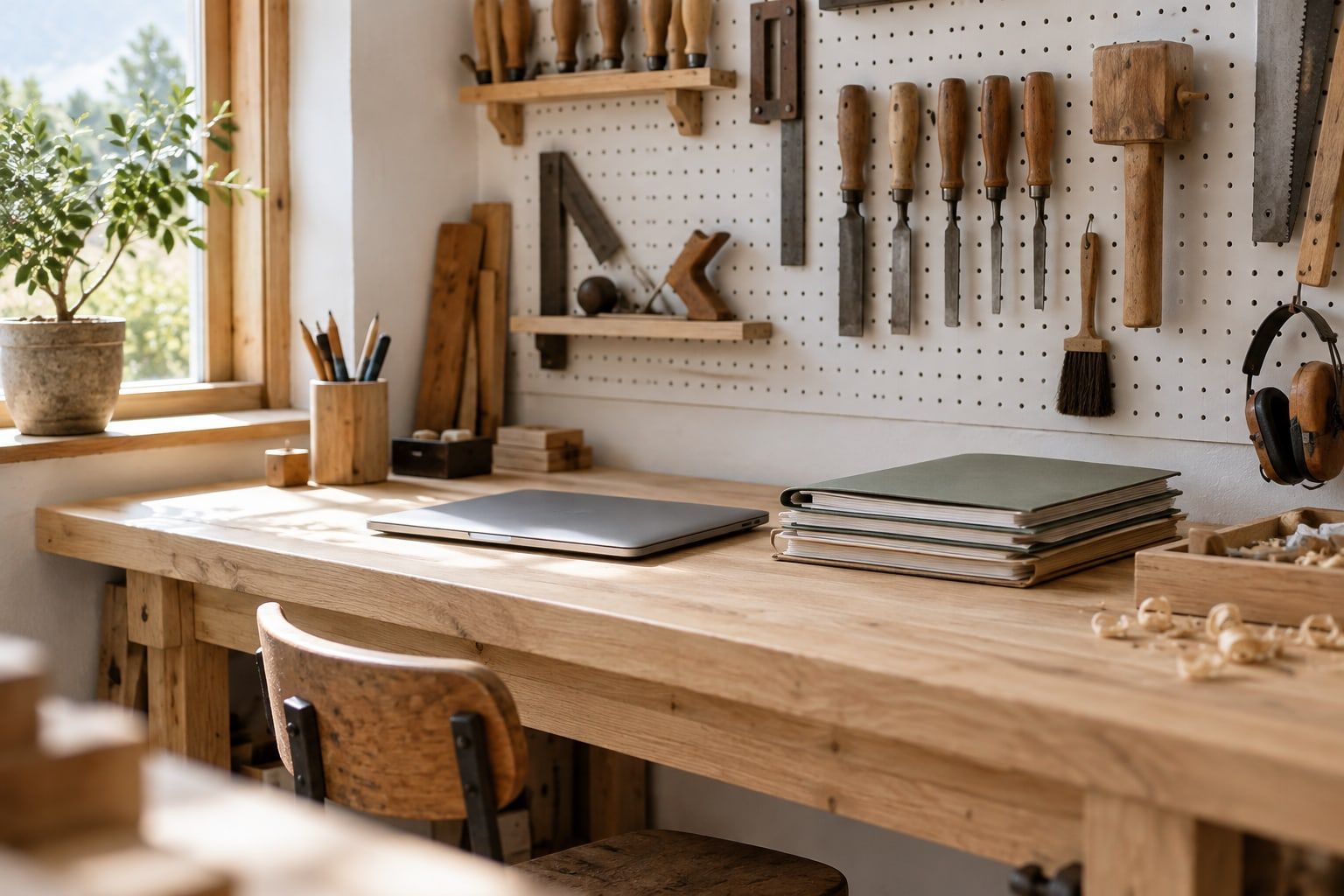 Un coin bureau rangé dans un atelier : ordinateur portable, classeurs et outils accrochés au mur