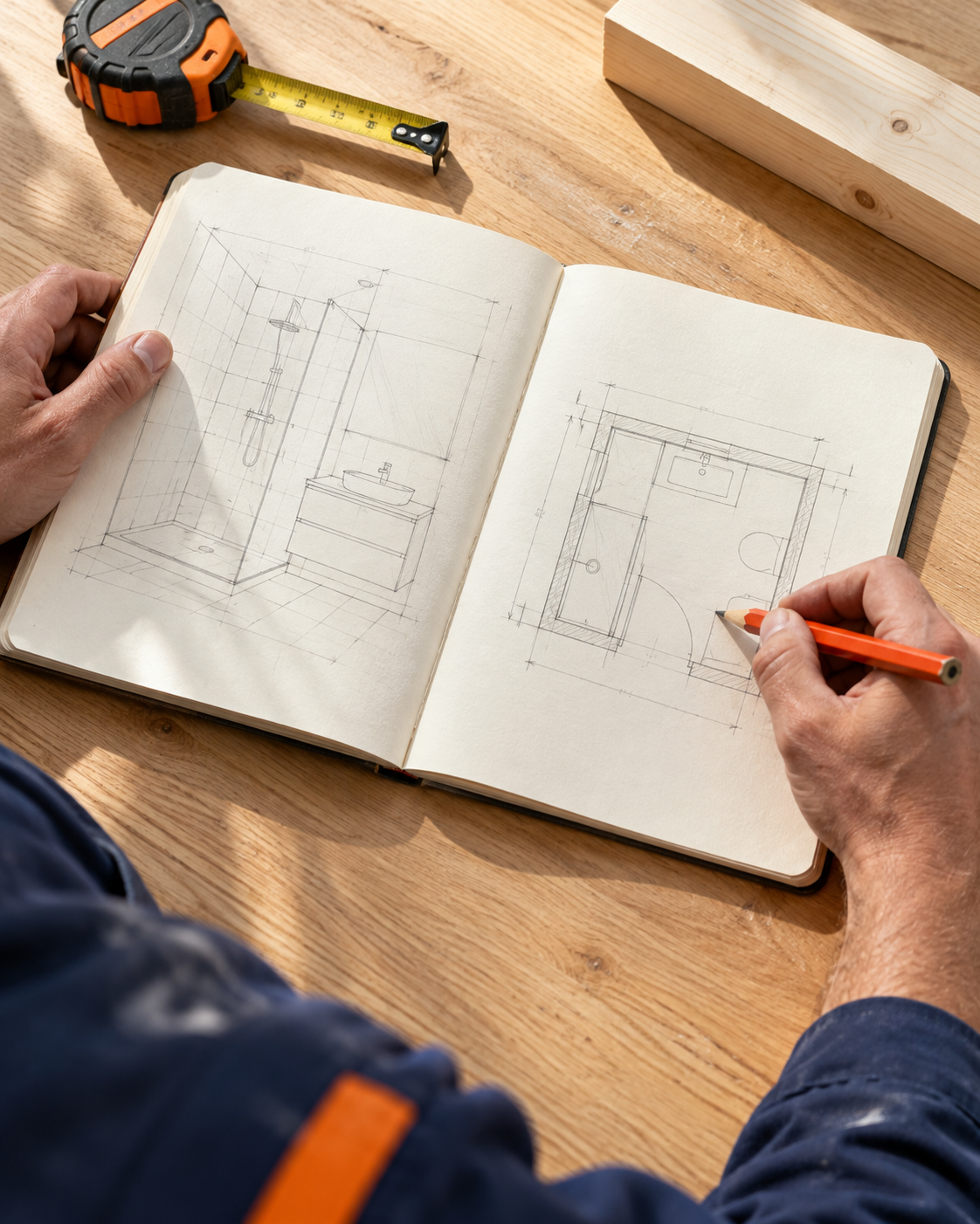 Un carnet de chantier, un mètre ruban et un crayon sur un établi